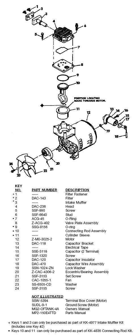 DEVILBISS OIL FREE AIR COMPRESSOR MODEL 150E4TTD BREAKDOWN, PARTS LIST, REPLACEMENT PARTS, REPAIR KITS